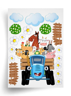 Tortenaufleger "Blauer Traktor und lustige Tiere" A4 – essbarer Druck
