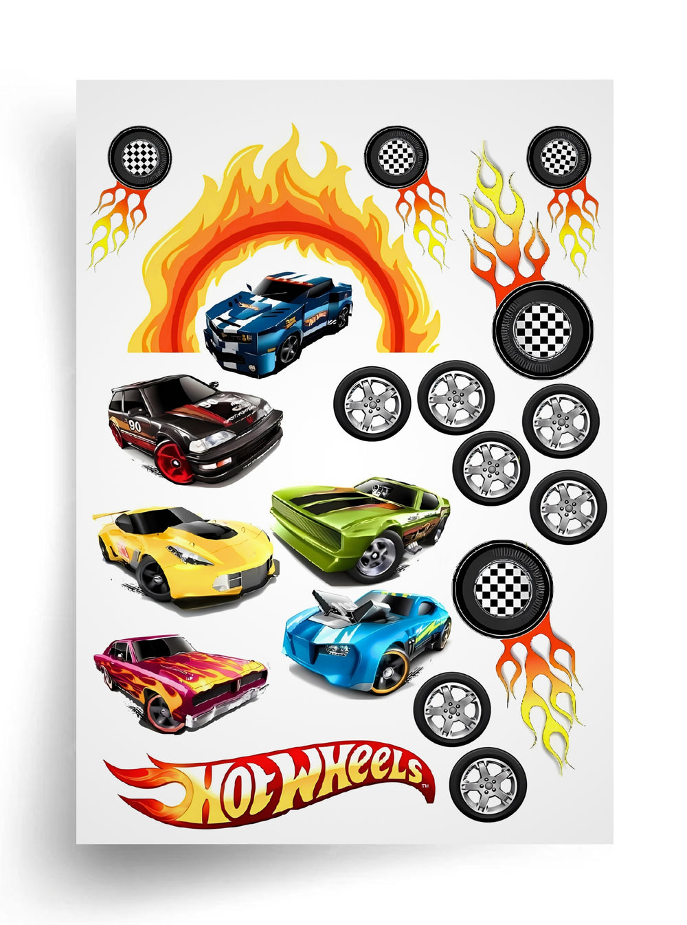 Tortenaufleger "Hot Wheels – Rennen und Flammenräder" A4 – essbarer Druck