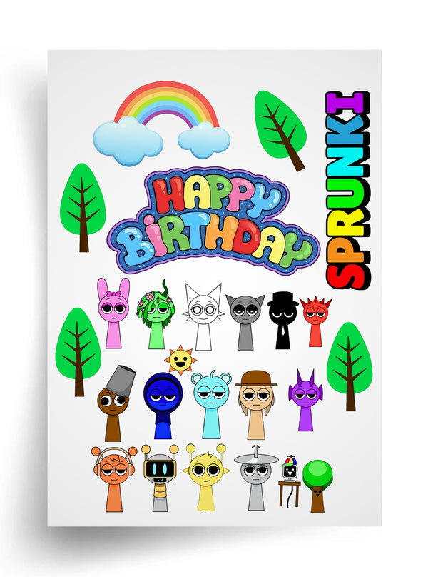 Tortenaufleger "Sprunki – Helden mit Happy-Birthday-Schriftzug" A4 – essbarer Druck