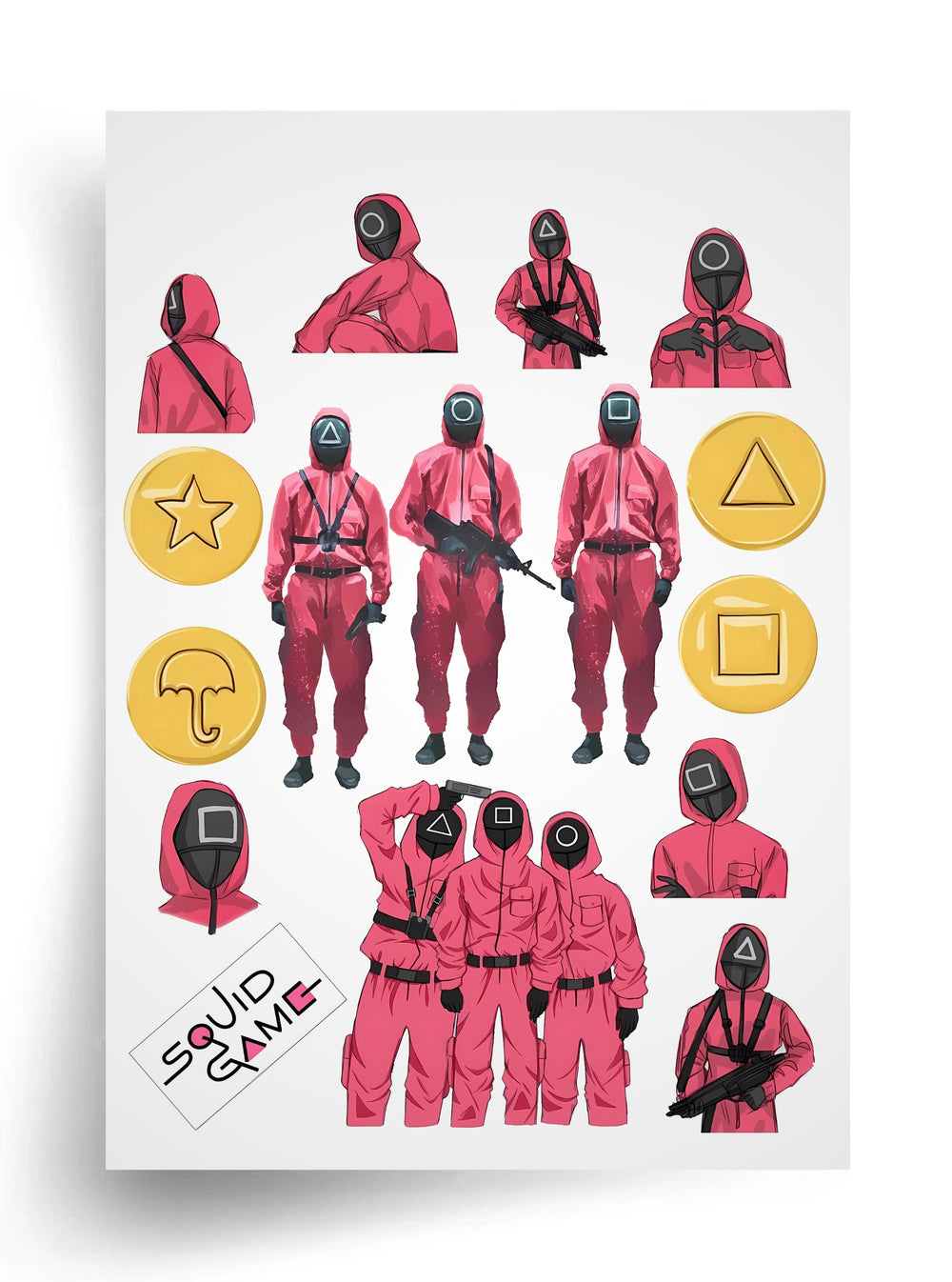 Tortenaufleger "Squid Game — Masken und Wächter" A4 – essbarer Druck