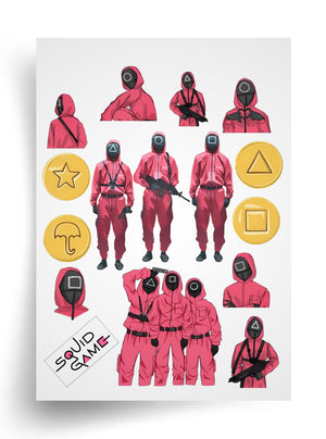 Tortenaufleger "Squid Game — Masken und Wächter" A4 – essbarer Druck
