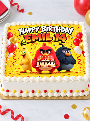 Tortenaufleger "Angry Birds mit Geburtstagstorte" für essbaren Druck (Größe nach Wahl)