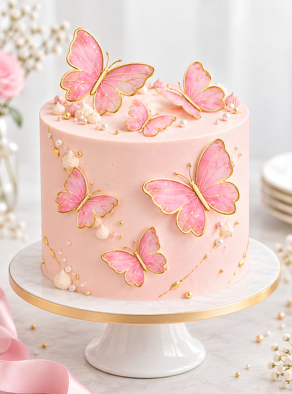 Tortenaufleger "Rosa Schmetterlinge mit Goldrand" für essbaren Druck A4