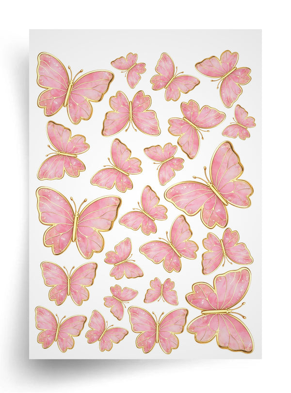 Tortenaufleger "Rosa Schmetterlinge mit Goldrand" für essbaren Druck A4