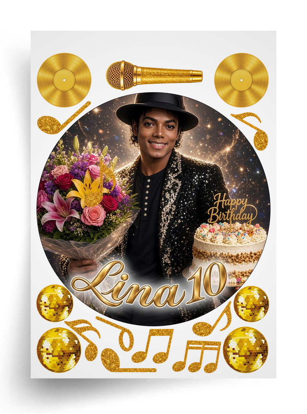 Tortenaufleger "Michael Jackson mit Blumen und Torte" für essbaren Druck (Durchmesser nach Wahl)