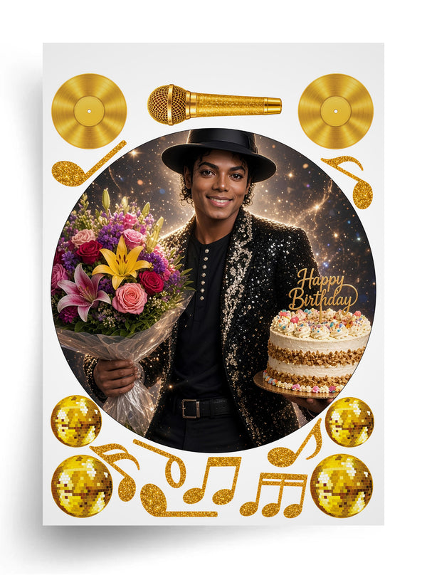 Макет "Michael Jackson с цветами и тортом" для пищевой печати (диаметр на выбор)