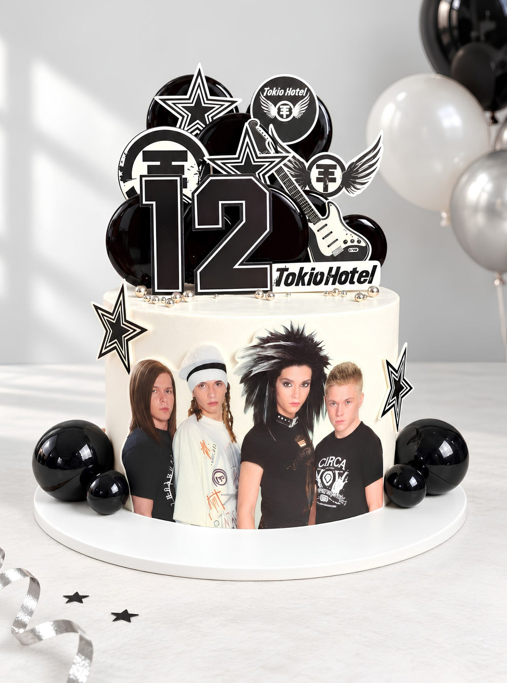Tortenaufleger "Tokio Hotel mit Logos und Gitarre" A4 – essbarer Druck