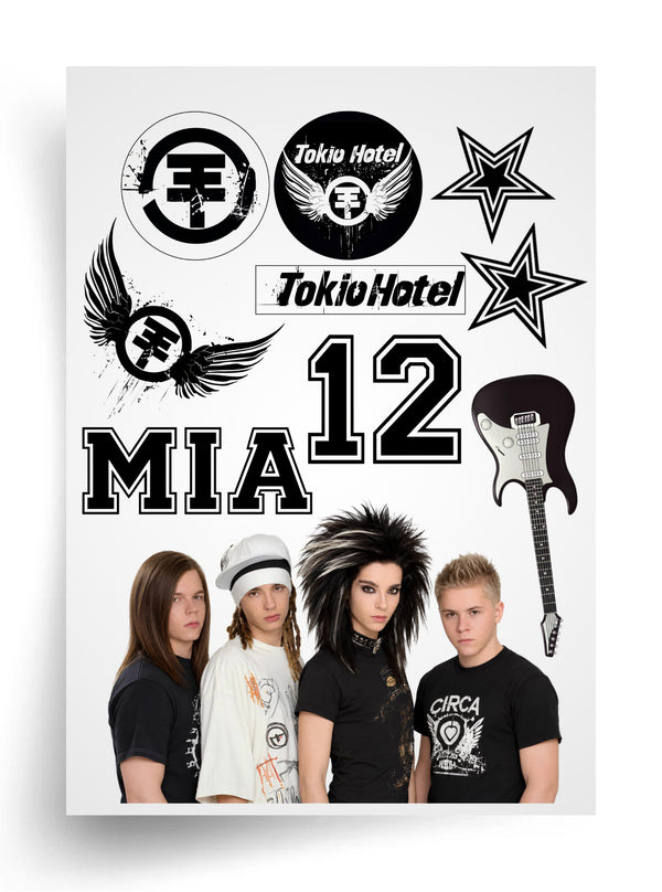 Tortenaufleger "Tokio Hotel mit Logos und Gitarre" A4 – essbarer Druck
