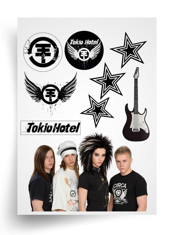 Tortenaufleger "Tokio Hotel mit Logos und Gitarre" A4 – essbarer Druck